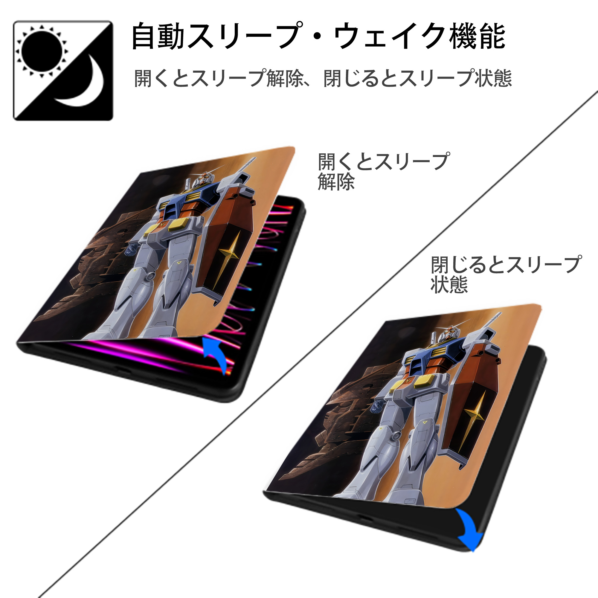 機動戦士ガンダム Mobile Suit Gundam IPad ケース ペン収納付き 三つ折りスタンド PUレザー×シリコン 対応機種9.5/10.5/10.9インチ