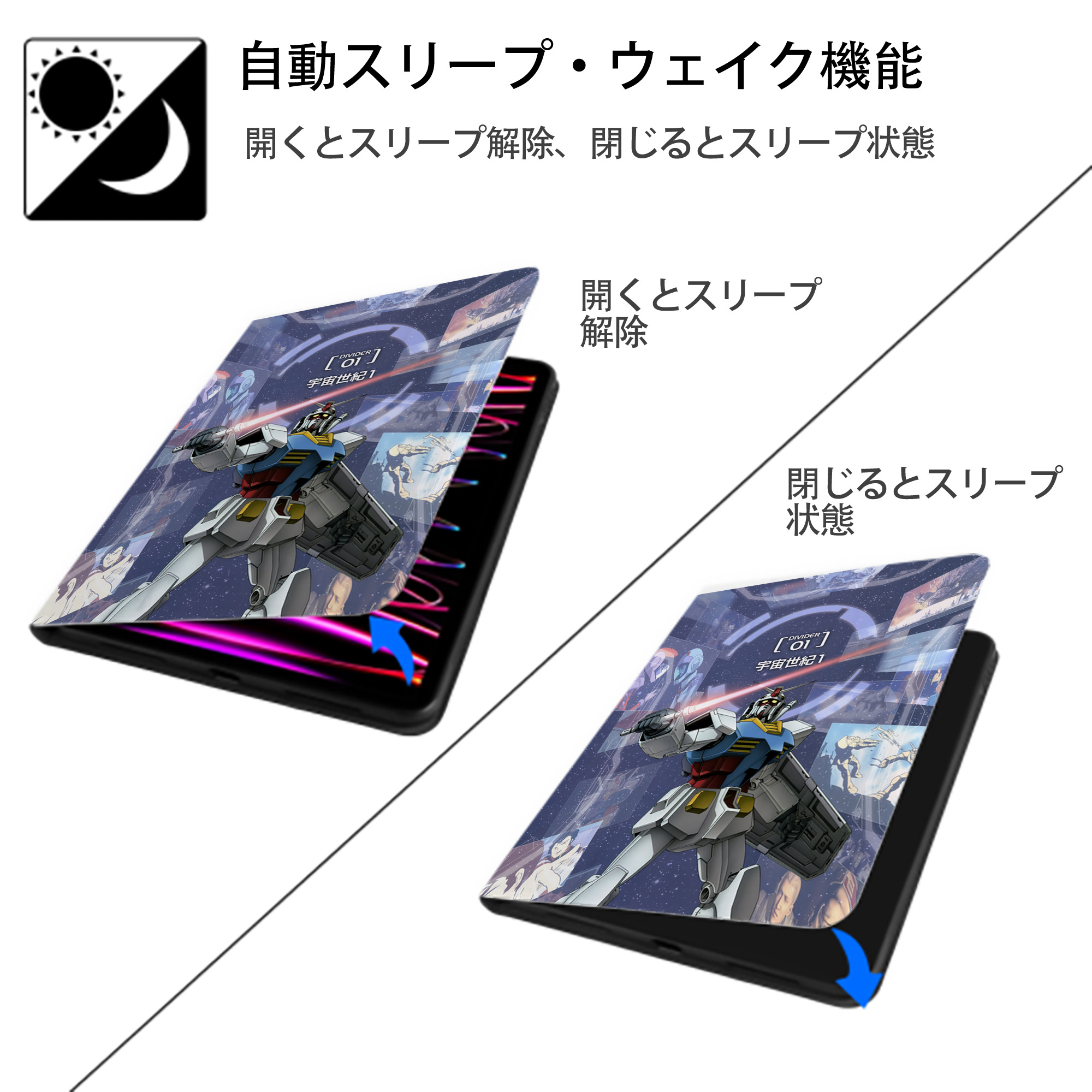 機動戦士ガンダム Mobile Suit Gundam IPad ケース ペン収納付き 三つ折りスタンド PUレザー×シリコン 対応機種9.5/10.5/10.9インチ