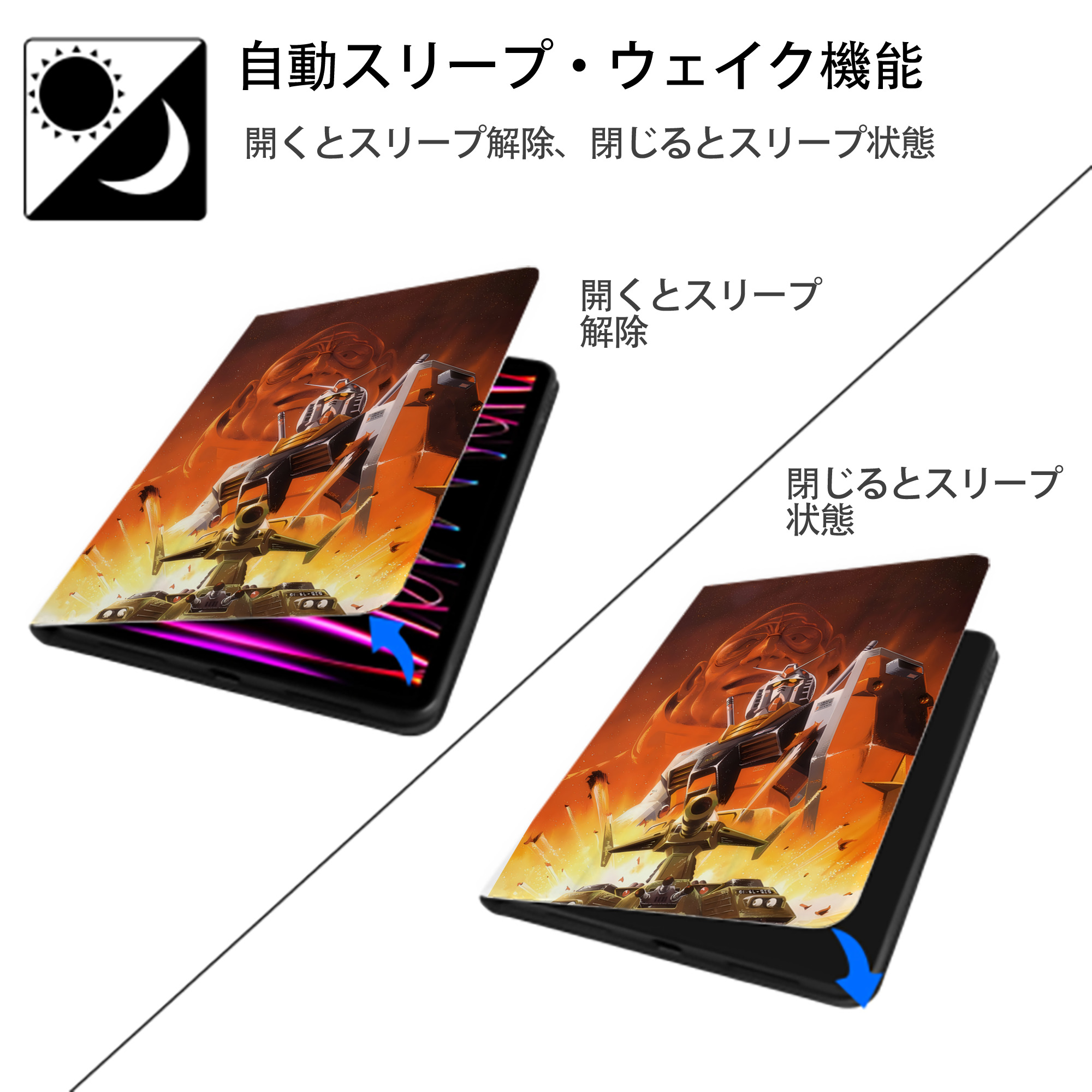 機動戦士ガンダム Mobile Suit Gundam IPad ケース ペン収納付き 三つ折りスタンド PUレザー×シリコン 対応機種9.5/10.5/10.9インチ
