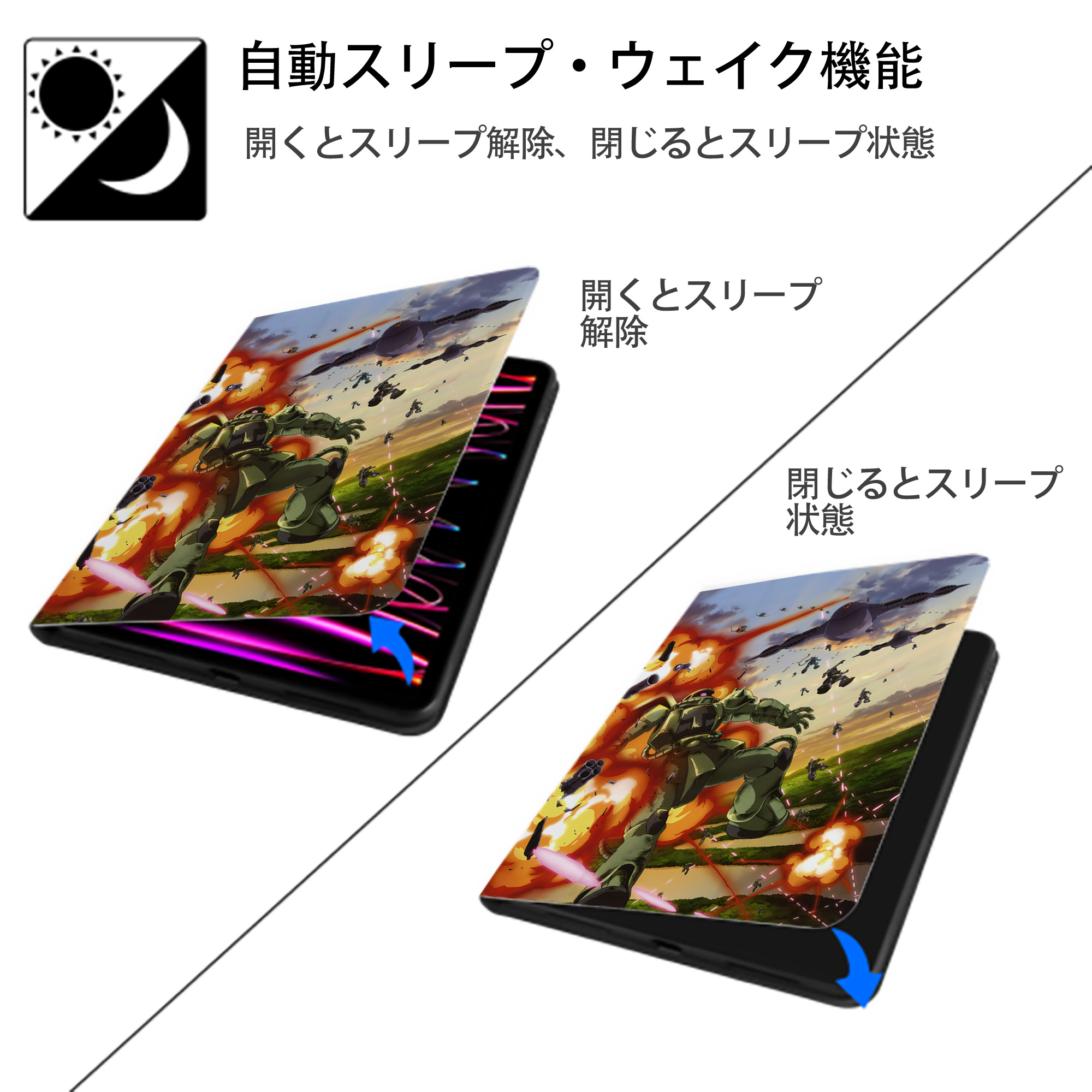 機動戦士ガンダム Mobile Suit Gundam IPad ケース ペン収納付き 三つ折りスタンド PUレザー×シリコン 対応機種9.5/10.5/10.9インチ