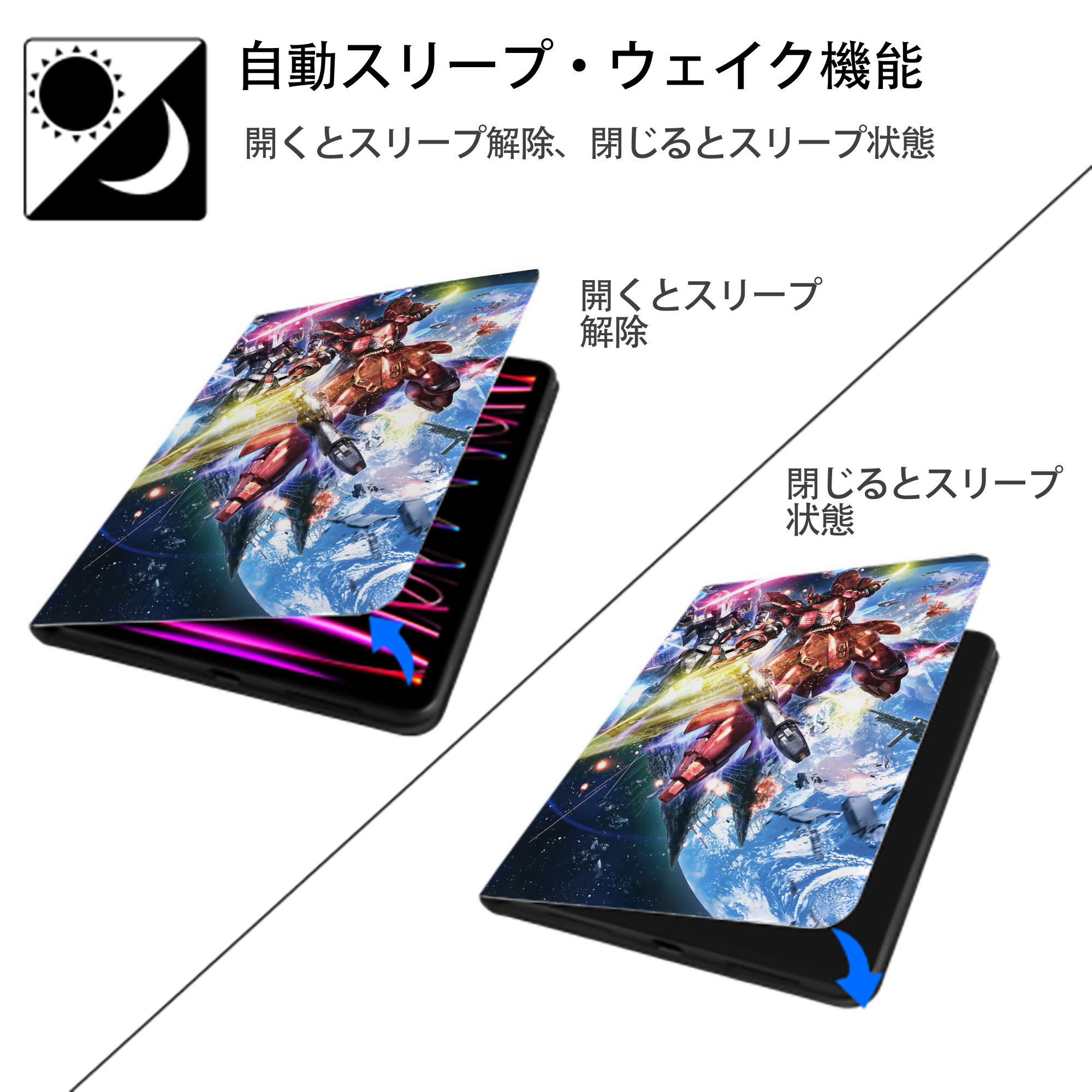 機動戦士ガンダム Mobile Suit Gundam IPad ケース ペン収納付き 三つ折りスタンド PUレザー×シリコン 対応機種9.5/10.5/10.9インチ