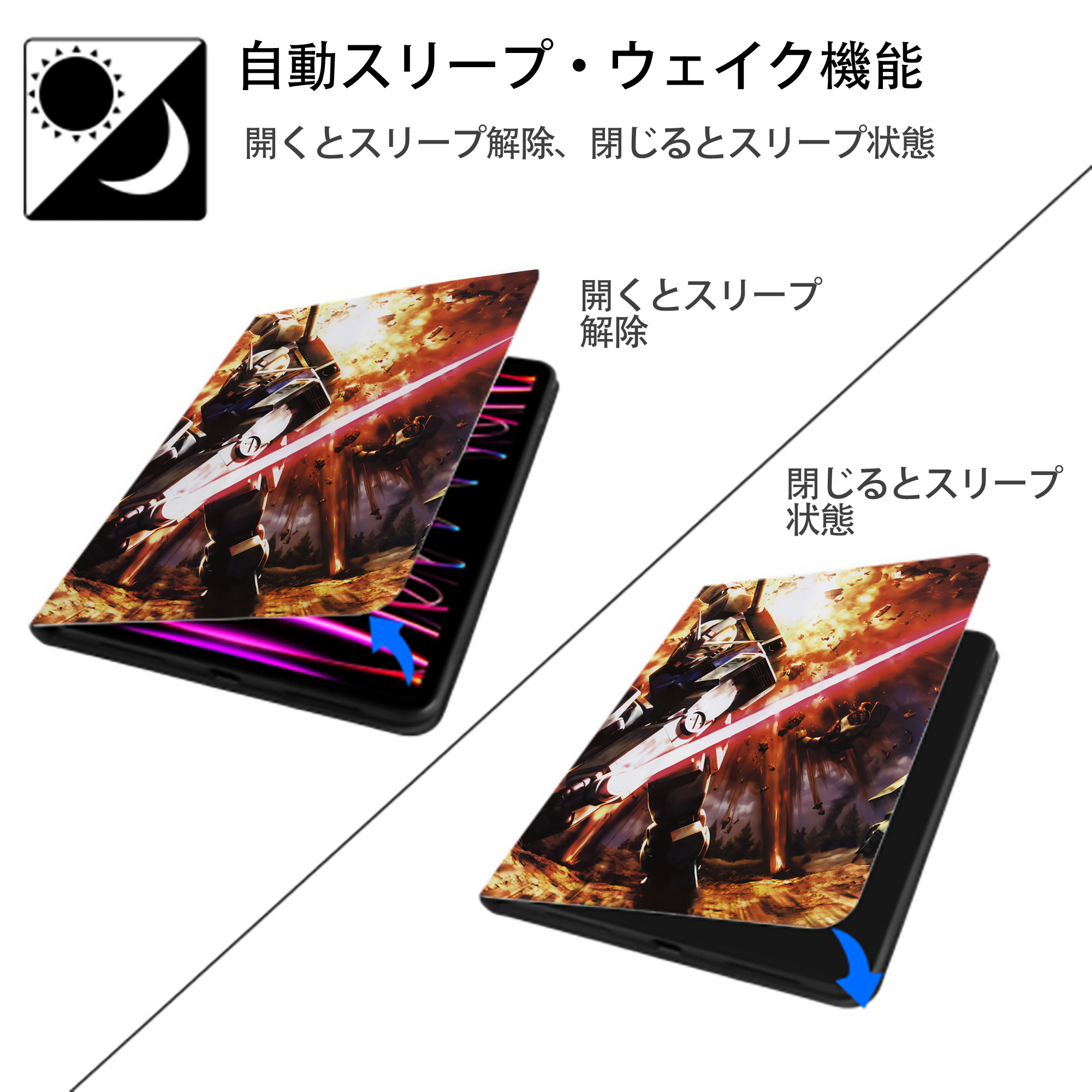 機動戦士ガンダム Mobile Suit Gundam IPad ケース ペン収納付き 三つ折りスタンド PUレザー×シリコン 対応機種9.5/10.5/10.9インチ