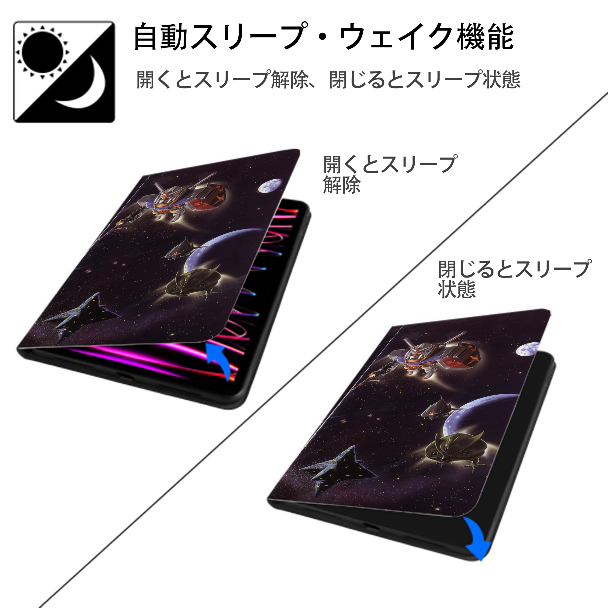 機動戦士ガンダム Mobile Suit Gundam IPad ケース ブック型 PUレザー TPU 耐衝撃 軽量 薄型 ペン収納なし 全面保護 IPad 各モデル対応