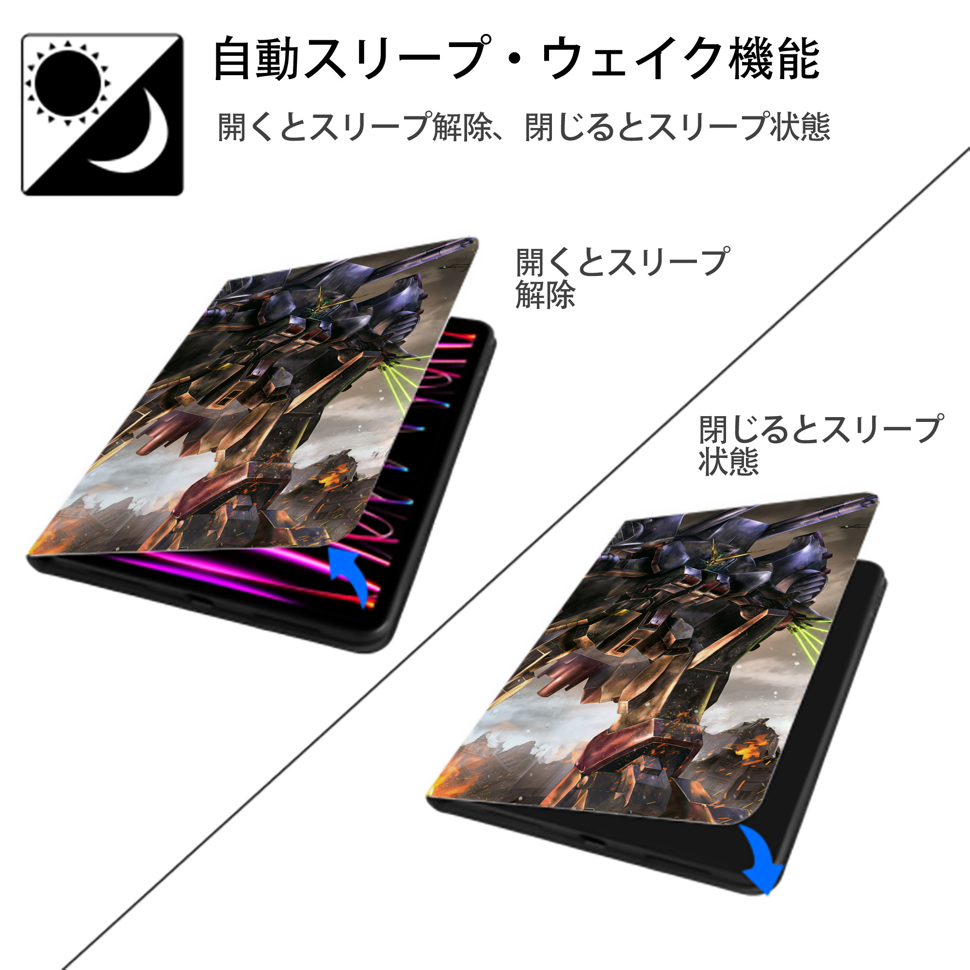 機動戦士ガンダム Mobile Suit Gundam IPad ケース ブック型 PUレザー TPU 耐衝撃 軽量 薄型 ペン収納なし 全面保護 IPad 各モデル対応