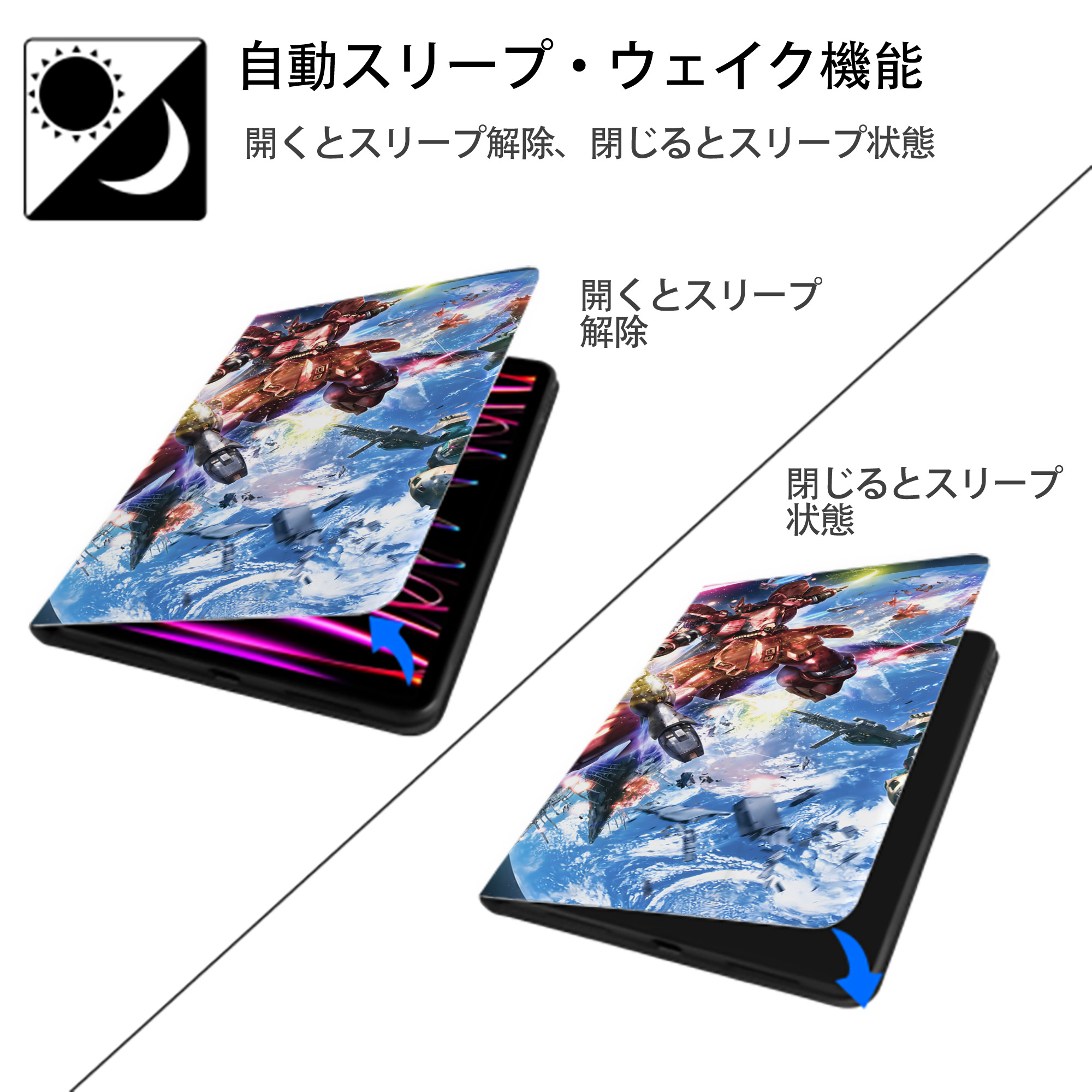 機動戦士ガンダム Mobile Suit Gundam IPad ケース ブック型 PUレザー TPU 耐衝撃 軽量 薄型 ペン収納なし 全面保護 IPad 各モデル対応