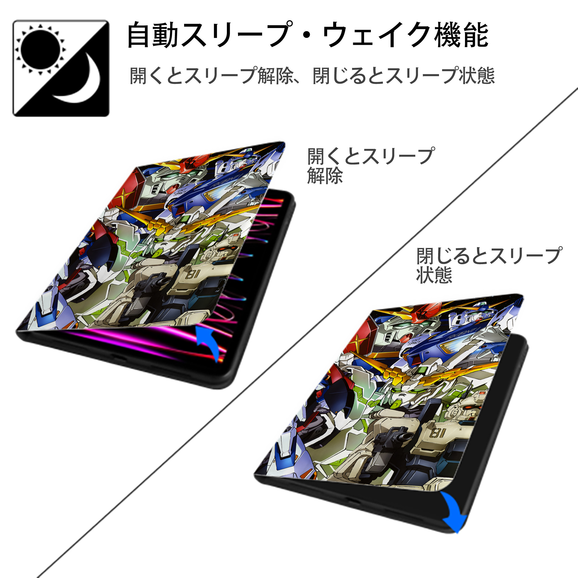 機動戦士ガンダム Mobile Suit Gundam IPad ケース ブック型 PUレザー TPU 耐衝撃 軽量 薄型 ペン収納なし 全面保護 IPad 各モデル対応