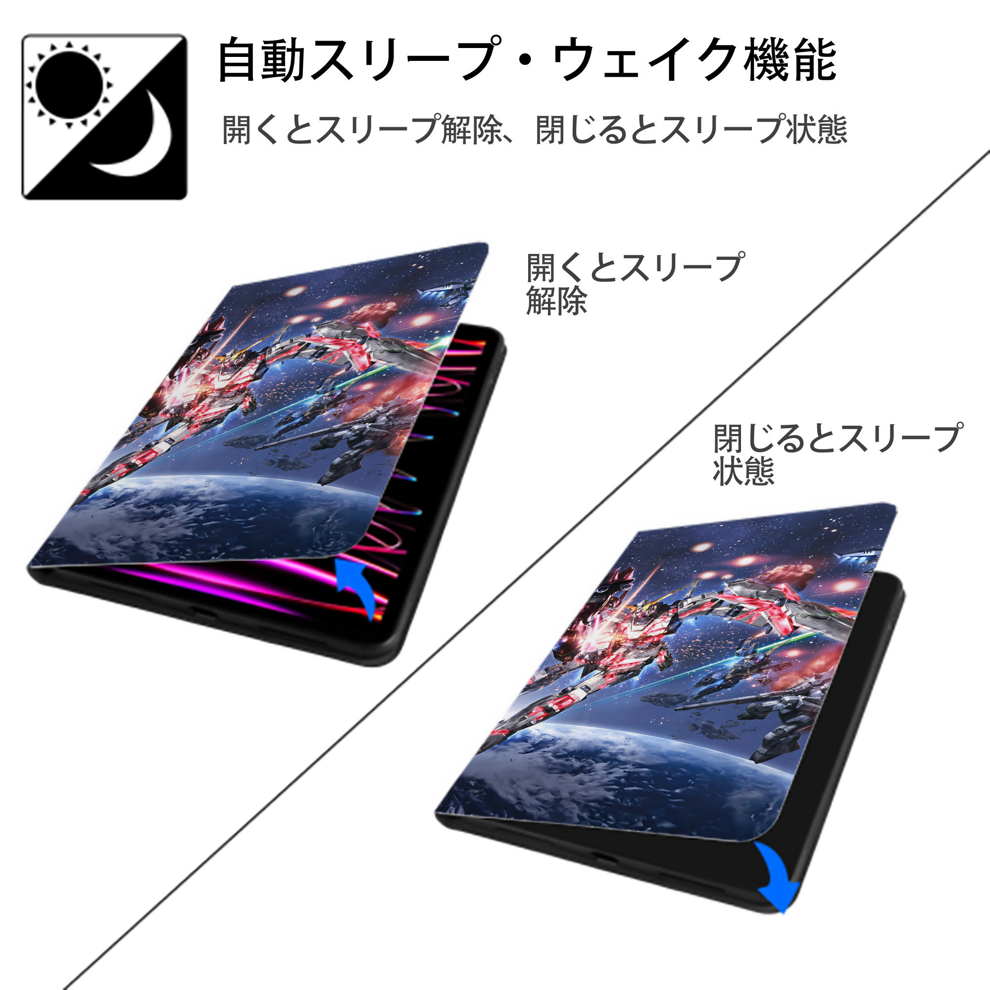 機動戦士ガンダム Mobile Suit Gundam IPad ケース ブック型 PUレザー TPU 耐衝撃 軽量 薄型 ペン収納なし 全面保護 IPad 各モデル対応