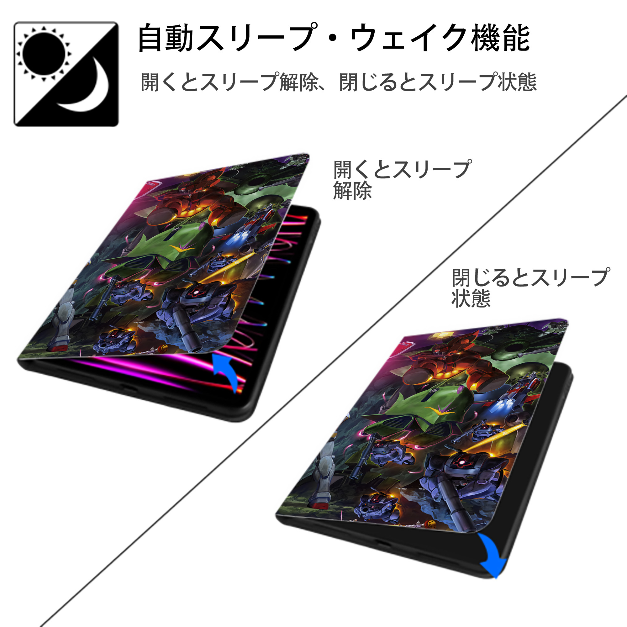 機動戦士ガンダム Mobile Suit Gundam IPad ケース ブック型 PUレザー TPU 耐衝撃 軽量 薄型 ペン収納なし 全面保護 IPad 各モデル対応