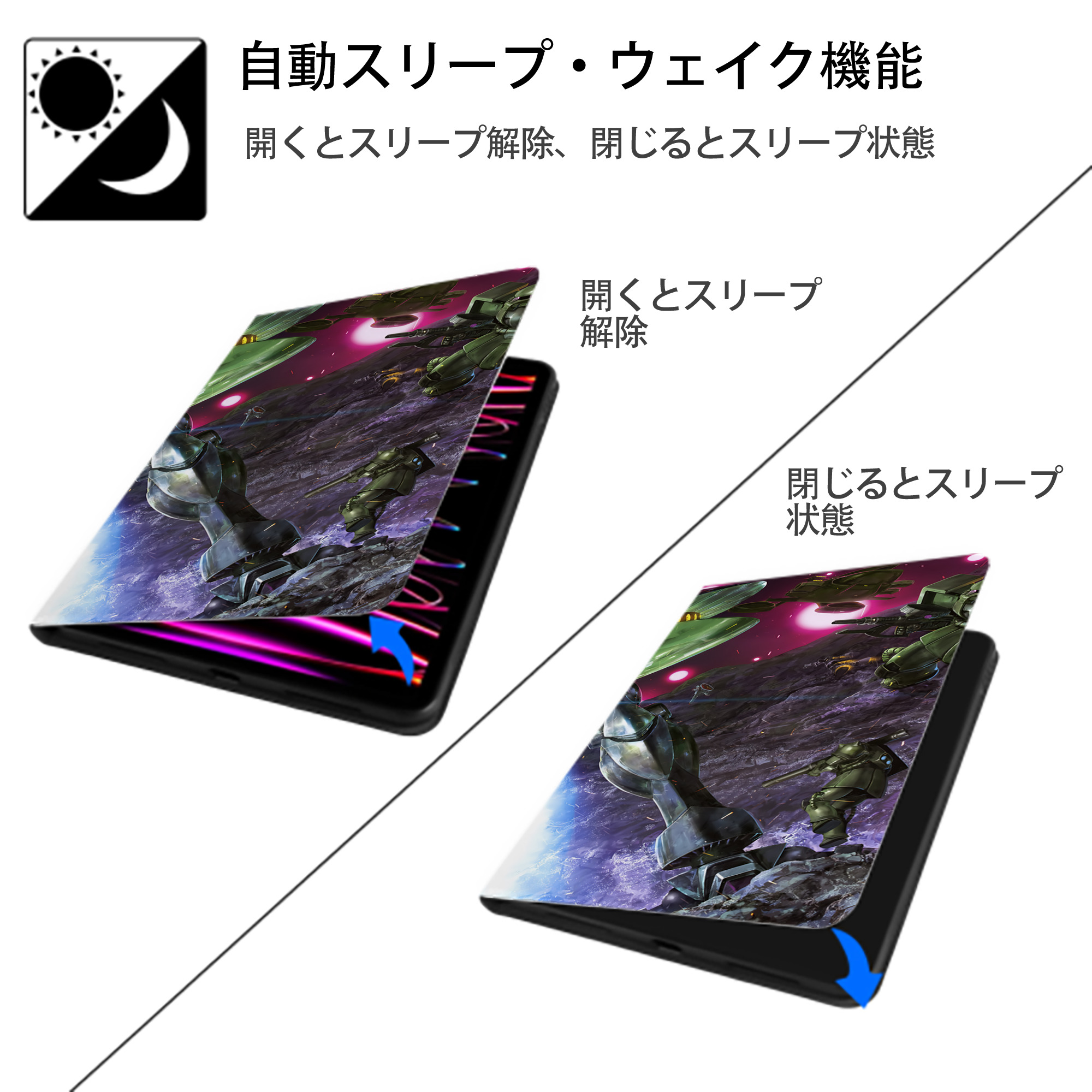 機動戦士ガンダム Mobile Suit Gundam IPad ケース ブック型 PUレザー TPU 耐衝撃 軽量 薄型 ペン収納なし 全面保護 IPad 各モデル対応