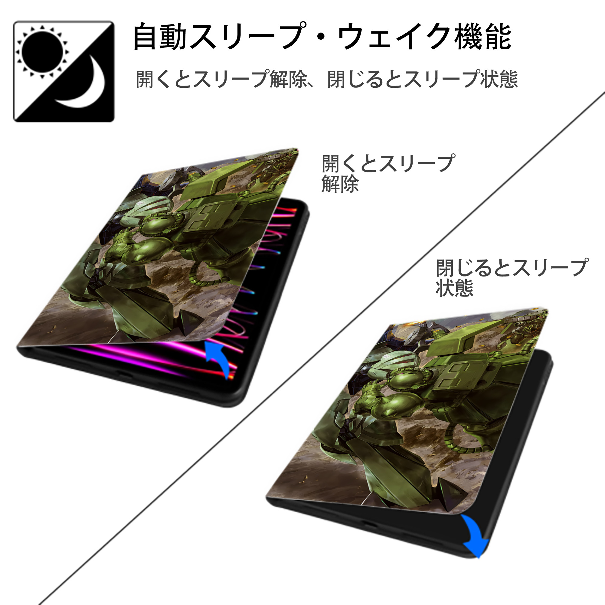 機動戦士ガンダム Mobile Suit Gundam IPad ケース ブック型 PUレザー TPU 耐衝撃 軽量 薄型 ペン収納なし 全面保護 IPad 各モデル対応