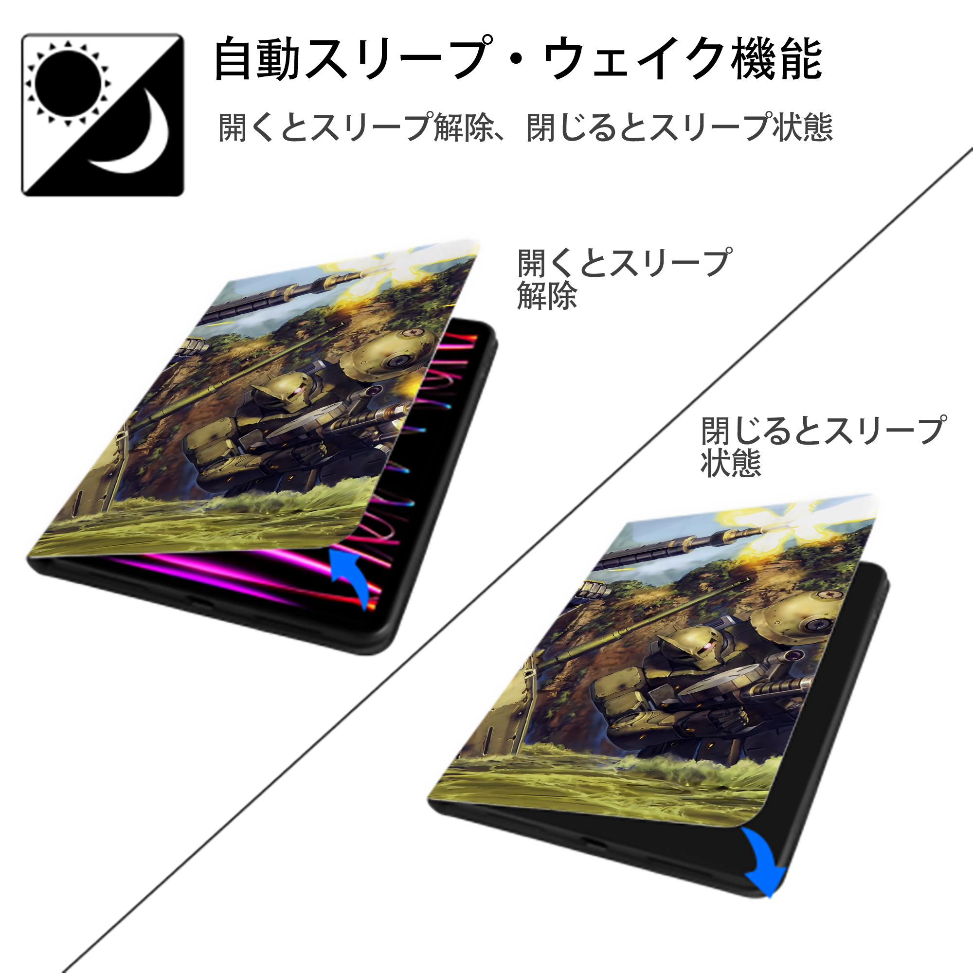 機動戦士ガンダム Mobile Suit Gundam IPad ケース ブック型 PUレザー TPU 耐衝撃 軽量 薄型 ペン収納なし 全面保護 IPad 各モデル対応