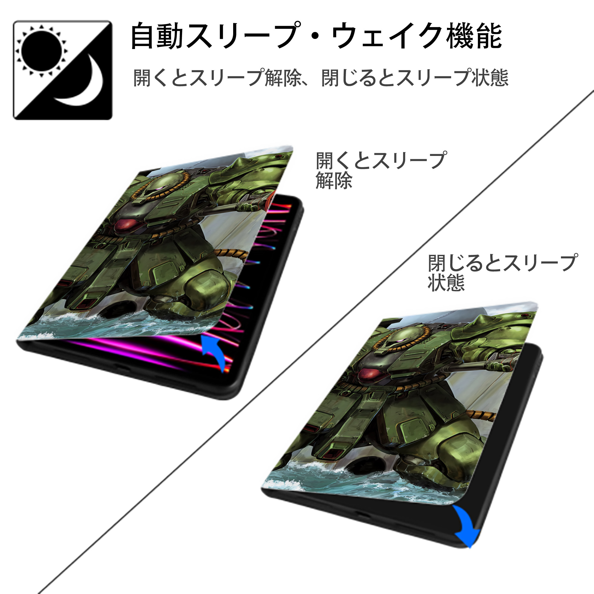 機動戦士ガンダム Mobile Suit Gundam IPad ケース ブック型 PUレザー TPU 耐衝撃 軽量 薄型 ペン収納なし 全面保護 IPad 各モデル対応