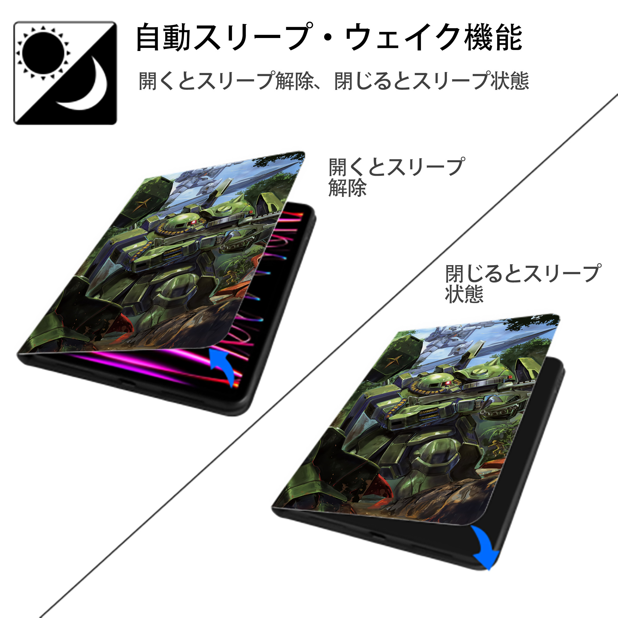 機動戦士ガンダム Mobile Suit Gundam IPad ケース ブック型 PUレザー TPU 耐衝撃 軽量 薄型 ペン収納なし 全面保護 IPad 各モデル対応