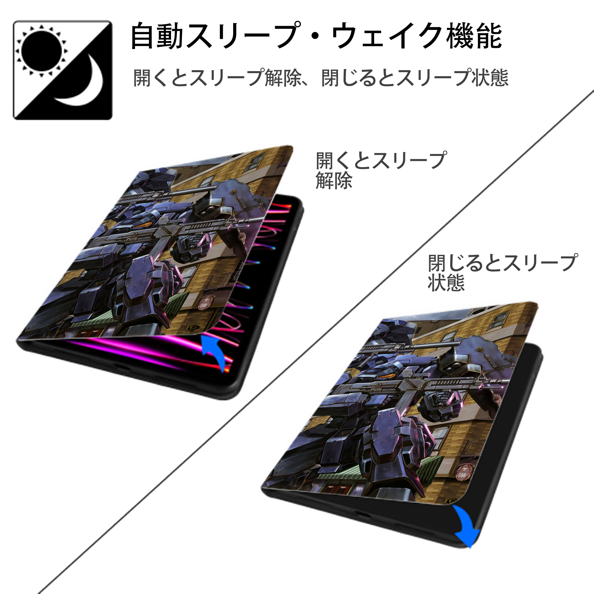 機動戦士ガンダム Mobile Suit Gundam IPad ケース ブック型 PUレザー TPU 耐衝撃 軽量 薄型 ペン収納なし 全面保護 IPad 各モデル対応