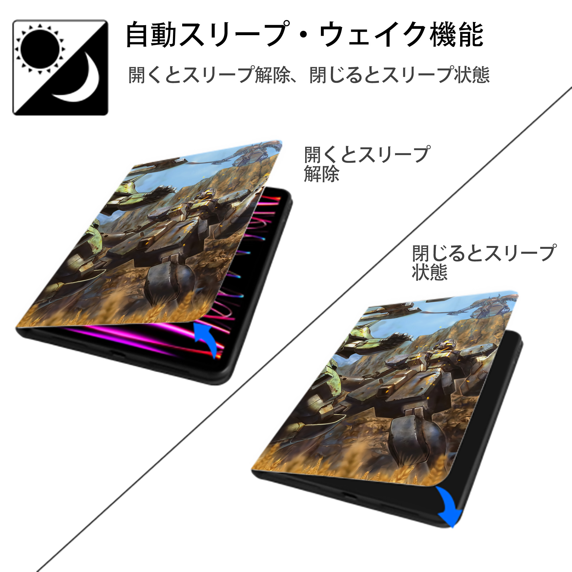 機動戦士ガンダム Mobile Suit Gundam IPad ケース ブック型 PUレザー TPU 耐衝撃 軽量 薄型 ペン収納なし 全面保護 IPad 各モデル対応