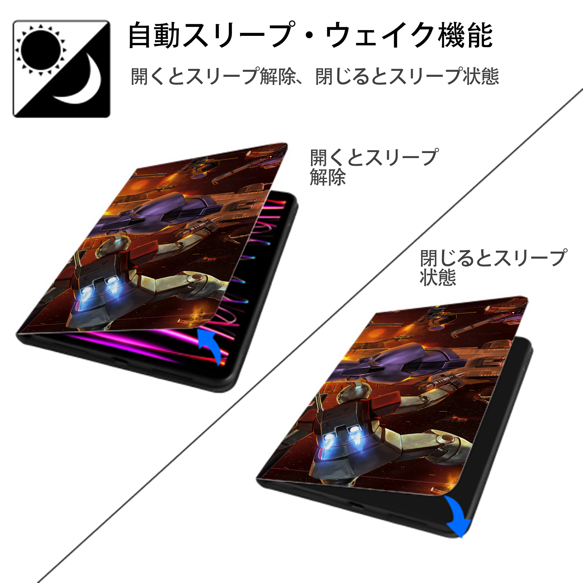 機動戦士ガンダム Mobile Suit Gundam IPad ケース ブック型 PUレザー TPU 耐衝撃 軽量 薄型 ペン収納なし 全面保護 IPad 各モデル対応