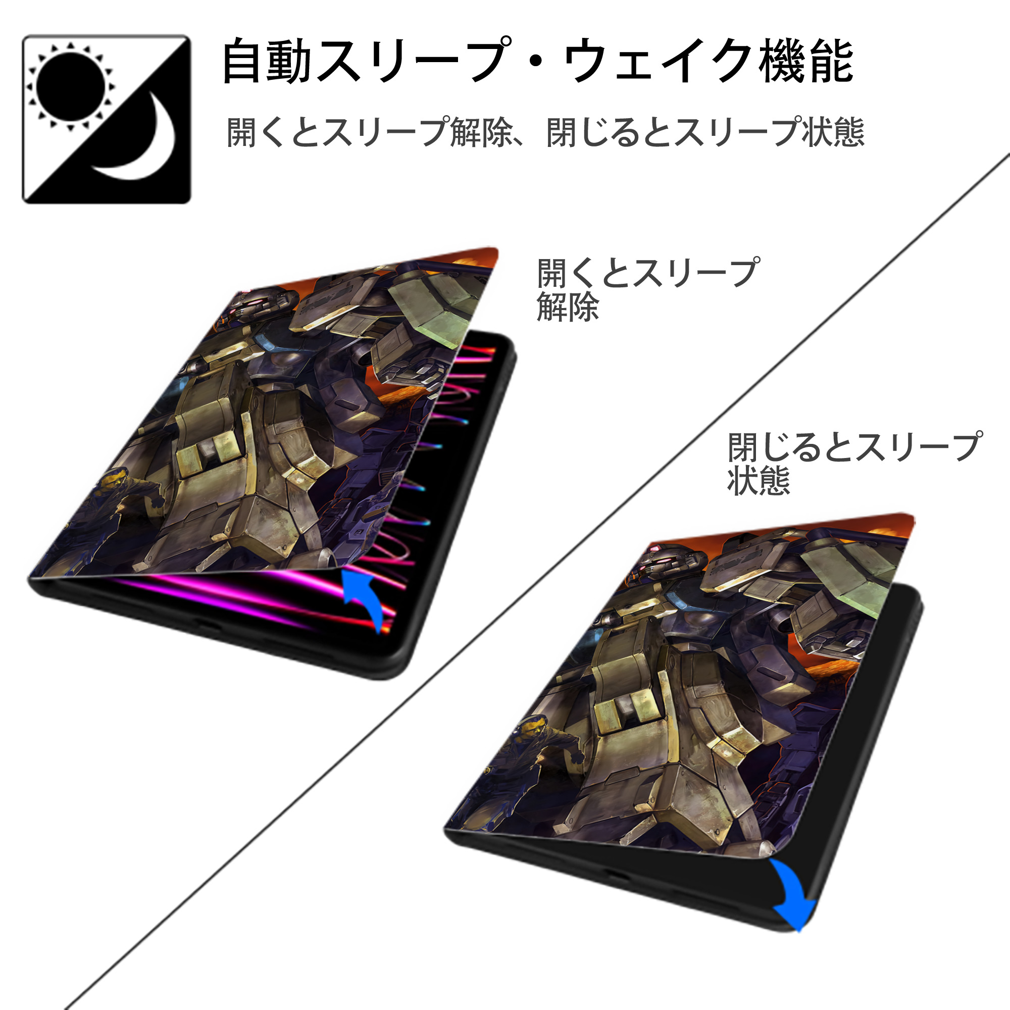 機動戦士ガンダム Mobile Suit Gundam IPad ケース ブック型 PUレザー TPU 耐衝撃 軽量 薄型 ペン収納なし 全面保護 IPad 各モデル対応